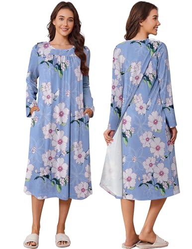 Deyeek Open Back Nightgowns for Bedridden Women Post Surgery Pajamas Tear Away Long Sleeve Dress Adaptive Clothing with Pockets XL