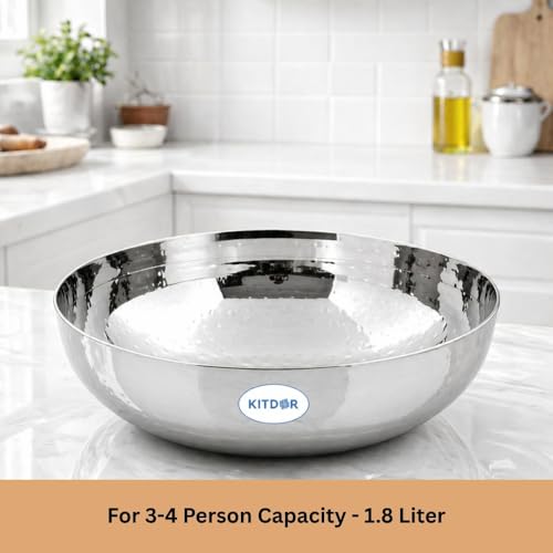 Image of Stainless Steel Hammered Kadhai with Sturdy Handle, Heavy Bottom for Even Heat, Ideal for Deep Frying & Daily Cooking, Rust-Resistant & Durable (1.2L, Without Handle)