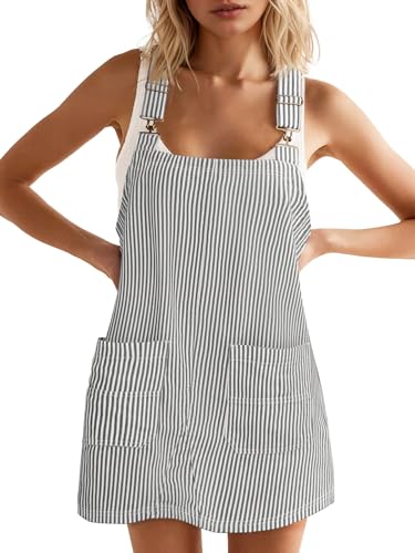 Image of Yousify Womens Casual Denim Dress Summer Striped Overalls Romper Adjustable Straps Sleeveless Jean Dresses with Pockets