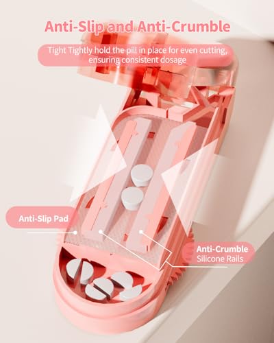Image of Pill Cutter Splitter for Small and Tiny Pills - Pill Splitter Accurately Cuts Multiple Pills at Once for Large and Small Medicines, Sharp Blade with Safety Guard (Pink)