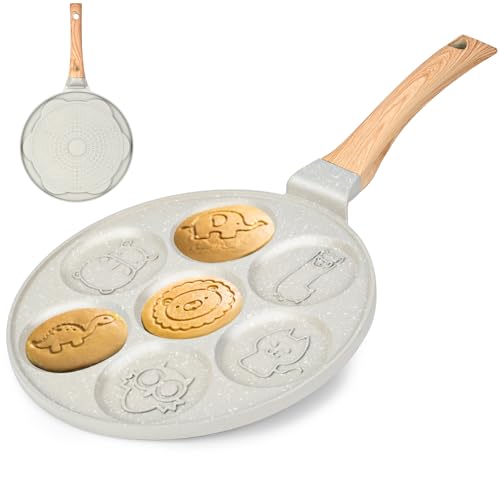 WKWKTOTO Pancake Maker Egg Frying Pan Suitable for All Stovetops & Induction Cooker, 10.5 Inch Animal Pancake Pan, 7 Molds Pancake Maker with PFOA Free Coating-Beige