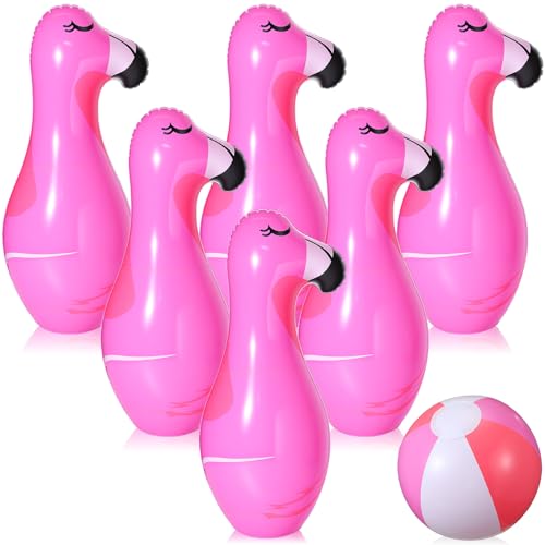 Glimin 7 Pcs Giant Inflatable Flamingo Bowling Set for Activities Game Flamingo Themed Summer Carnival Birthday Family