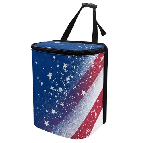 Image of Talayituse American Flag Star Print Car Trash Can with Lid, 4th of July Leak Proof Auto Trash Bag Hanging Vehicle Garbage Can Multipurpose Storage Container for Back Seat Road Trip