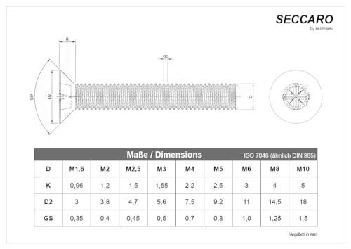 SECCARO Senkschraube M4 x 55 mm, Edelstahl V2A VA A2, DIN 965, Kreuzschlitz/PZ, Vollgewinde, 20 Stück
