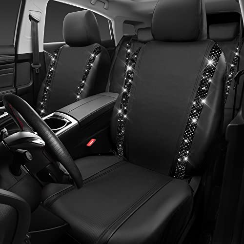 Image of CAR PASS Bling Diamond Car Seat Covers, Shining Rhinestones Waterproof Faux Leather, 7 Seats 3 Rows with Zipper Glitter Crystal Sparkle Strips Universal Fit 95% MPV,SUV,CAR for Women Girl, Black