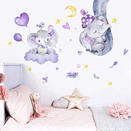 Yovkky Watercolor Purple Girls Elephant Nose Wall Decal Sticker, Moon Cloud Balloon Bird Grey Star Nursery Decor, Home Baby Shower Bedroom Decoration Toddler Kids Room Art Party Supply Gift #TOP4