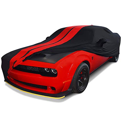 Image of SR1 Performance USA Indoor Car Cover for Dodge Challenger 2008-2023 - Ultraguard Stretch Satin Custom Fit, Dust Cover, Breathable Scratch-Resistant Sport Series Stripe (Black /Red)