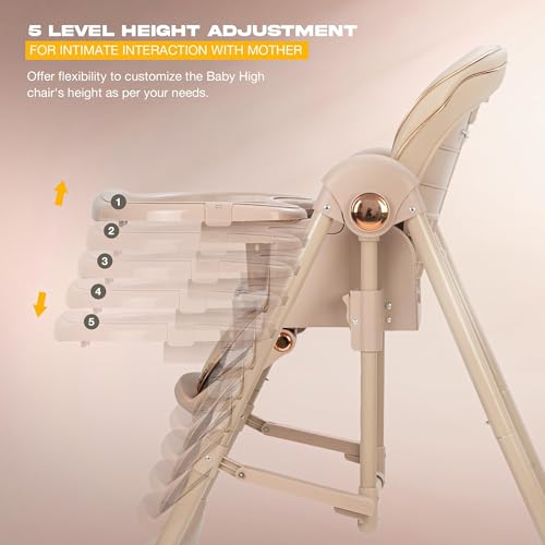 Image of Baybee Nivio 3-in-1 Convertible High Chair for Kids Adjustable Baby Feeding Chair with Swing, Recline, Detachable Tray, 5-Point Harness, Foldable Design, Multi-Height & Footrest Settings 6 Months to 5 Years Kids (Beige)