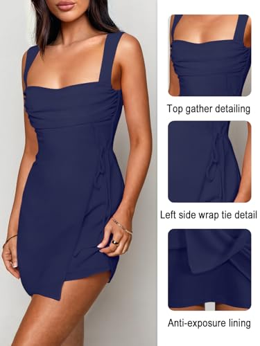 Image of Women's Sexy Ruched Mesh Midi Short Dresses for Women Square Neck Fitted Elegant Club Party Cocktail Dress