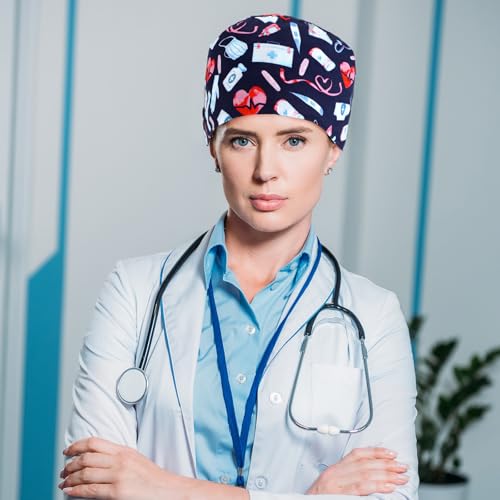 Image of Unittype 4 Pcs Nurse Caps for Women Nursing Working Caps with Button and Sweatband Adjustable Elastic Scrub Hats for Dentist