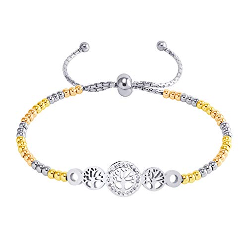 555Jewelry Stainless Steel Tree of Life Bracelet, Adjustable Slider Cuff Bangle Beaded Ball Chain Bolo Bracelets for Women, Cubic Zirconia Bracelets for Women, Silver/Gold/Rose Gold