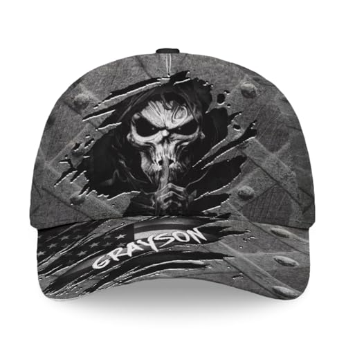 Image of Skull Baseball Cap for Men, Grim Reaper Death Crack Old Metal with Flag, Men's Hat, Adjustable Motorcycle Soft Caps