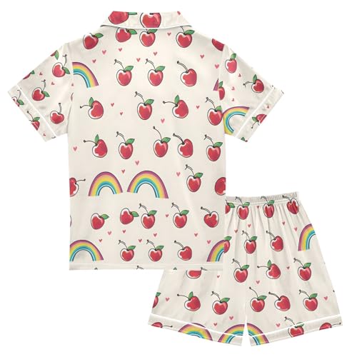 ALAZA Cherry Rainbow Heart Cartoon Pajamas Satin Pajama Set Short Sleeve Button Down Sleepwear2