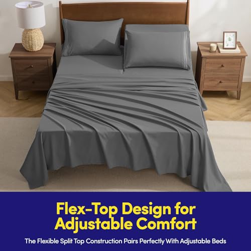 Image of Split Head King Sheets Set for Adjustable Beds 4 Piece Flex Top Bed Sheets - Deep Pocket Split Top Fitted Sheet with Built-in Corner Straps, Luxury Soft Cooling Bedding, Wrinkle Resistant, Gray