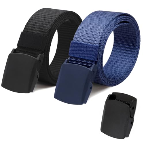Image of Nylon Tactical Military Men Belt Webbing Canvas Web Belts with Plastic Buckle No Metal Nickel Free, 2 Pack