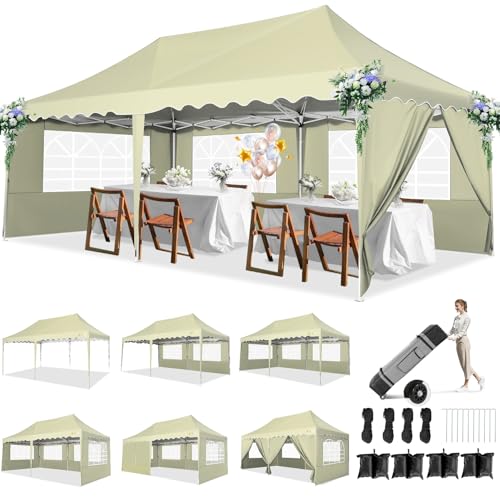 HOTEEL Pavillon 3x6 Faltpavillon 3x6 Wasserdicht Stabil, Partyzelt Faltbar Anti-UV 50+ Pop Up Gartenpavillon mit 6 Seitenwänden, 4 Sandsäcke, Tasche mit Rollen, für Hochzeiten Partys Markt,Khaki