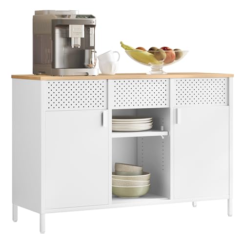 SONGMICS Armario de Almacenamiento, Armario de Metal, Aparador con Puertas Dobles, Cierre Magnético, Estantes Ajustables, Marco de Acero, Blanco Mate y Beige Roble LSC204WC01