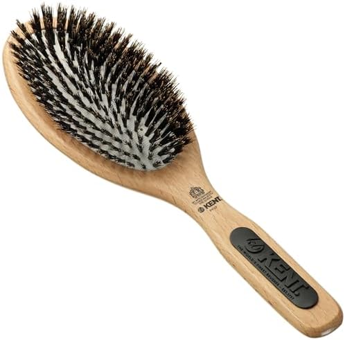 Kent PF07 Extra-Large 100% Boar Bristle and Non-Scratch Nylon Mix Cushion Brush - Wooden Detangling and Oval Smoothing Paddle Brush for Thin Hair - Made in England