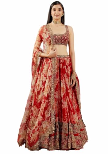 Indya Red Floral Print Organza Lehenga Set