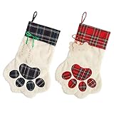 Tanlee 2 Pieces Pet Paw Christmas Stockings 18 Inch Pet Dog Christmas Stocking Plaid Christmas Stockings Fireplace Hanging Stockings for Christmas Hanging Decorations (2, Red and Green)