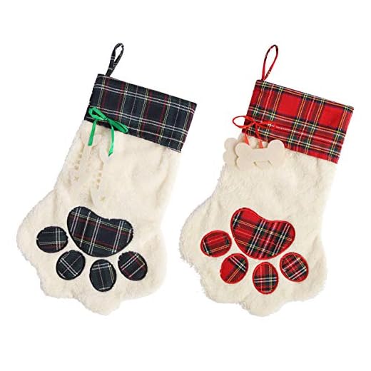 Tanlee 2 Pieces Pet Paw Christmas Stockings 18 Inch Pet Dog Christmas Stocking Plaid Christmas Stockings Fireplace Hanging Stockings for Christmas Hanging Decorations (2, Red and Green)