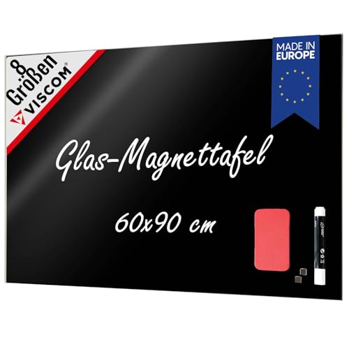 VISCOM Glas-Magnettafel - 60 x 90 cm in sattem Schwarz - rahmenlose Magnetwand - Memoboard magnetisch, beschreibbar & trocken abwischbar - inkl. Magnete, Stift, Tafellöscher
