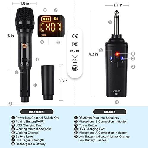 Kithouse K380S Uhf Rechargeable Wireless Microphone Karaoke Microphone Wireless Mic Dual With Receiver System Set - Professional Handheld Dynamic Cordless Microphone For Singing Karaoke Speech Church #TOP5
