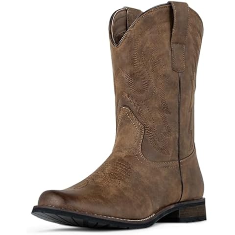 J's.o.l.e Cowboy Boots for Men Round Toe Western Boots Pull on Silp Resistant Men’s Work Boots Brown US 9 Cover