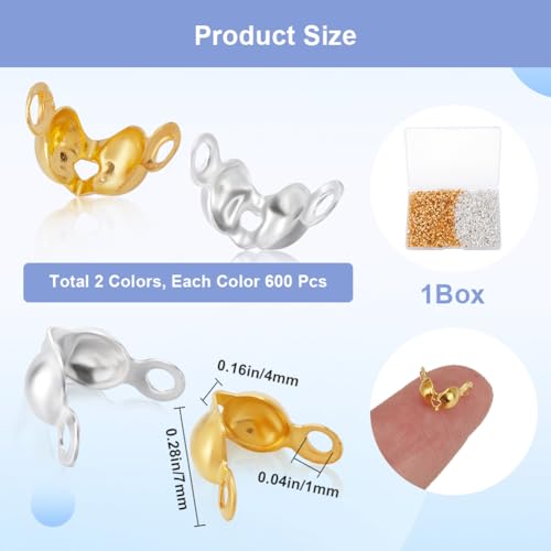 SOFPLATE 1 Box 1200Pcs Bead Tip Caps Beads Tips Knot Covers Gold Silver Open Brass Calotte Ends Caps Clamshell Knot Cover for Jewellery Making Bead Assortments Supplies DIY Necklace Bracelet Earrings - Image 2
