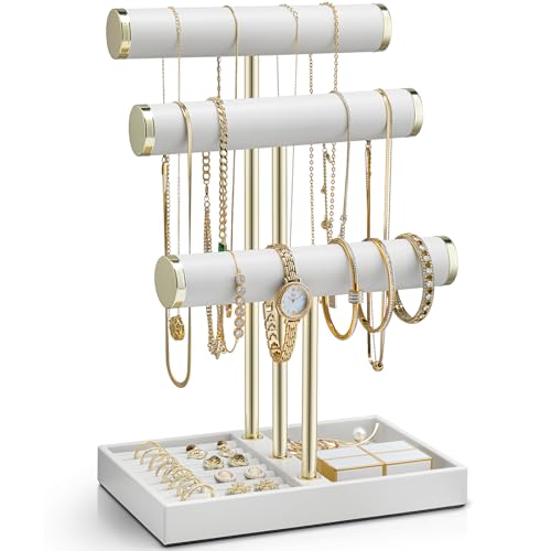 Vlando アクセサリースタンド 3段 ネックレススタンド PUレザー アクセサリー収納 ネックレス ピアス リング フック 誕生日プレゼント 女性用（アイボリー）