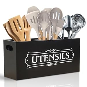 Kitchen Utensil Holder for Countertop, Extra Large Organizers and Storage – Wooden Farmhouse Decor and Utensil Crock for Kitchen Counter, Rustic Countertop Organizer for Cooking Tools(Black)