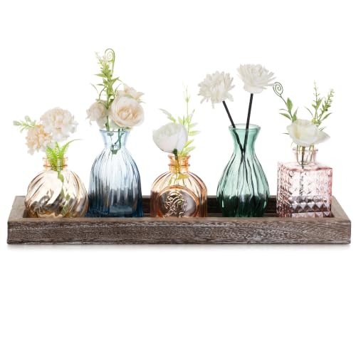 Glasseam Kleine Vasen Glas für Zuhause: 5 Mini Vasen Bunt mit Holztablett für Wohnzimmer Büro Esstisch Tischdeko - Stilvolle Glasvasen Set Blumenvase Klein für Einweihungsgeschenk Haus Frühlingsdeko