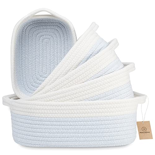 Image of NaturalCozy 5-Piece Rectangle Storage Basket Set- Natural Cotton Rope Woven Baskets for Organizing! Small Basket for Montessori, Baby Nursery, Dog Toy Baskets, Cat Toy Box, Bathroom Organization Bin