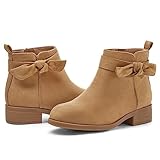 Coutgo Girls Toddler Bow knot Ankle Boots Low Chunky Heel Side Zipper Cute Dress Booties Little Big Kid, Khaki, size 13