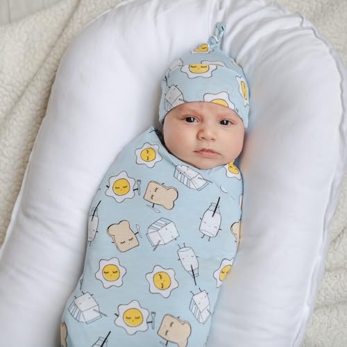 Image of Little Sleepies Swaddle & Hat Set, Baby Swaddles Newborns, Soft Viscose from Bamboo Swaddle Blanket Wrap (Blue Breakfast Buddies)