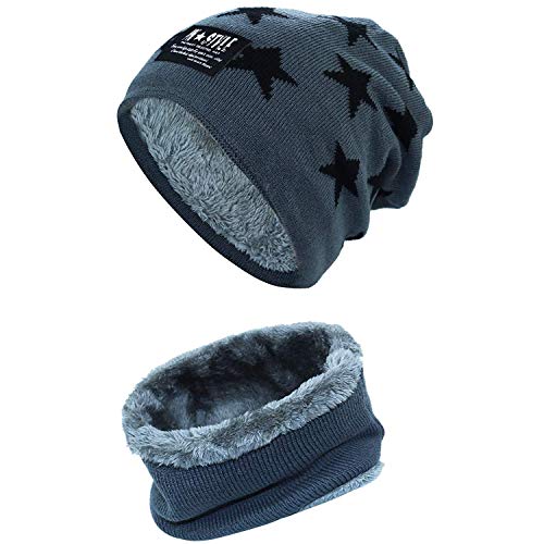 Yixda Ensemble bonnet et écharpe pour enfant garçon et fille en tricot avec doublure en polaire. - Gris - Taille Unique Cover