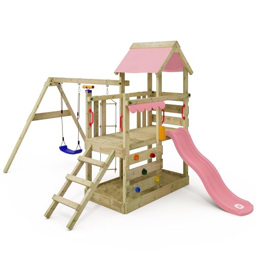 WICKEY Aire de Jeux TurboFlyer portique en Bois avec balançoire et Toboggan, Tour d'escalade pour Enfants avec bac à Sable, échelle et Accessoires de Jeu pour Le...