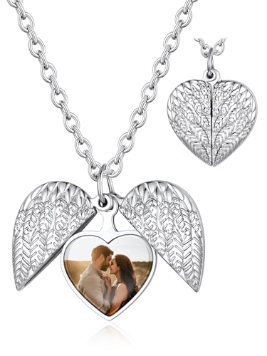 Custom4U Personalisierte Herz Medaillon zum Öffnen für Bilder Kupfer Engelsflügel Medaillon Silber mit bild zum aufklappen Memorial Schutzengel Flügel Foto Kette Silber Damen Frauen Locket Amulett
