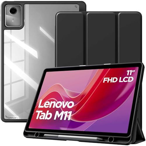 TiMOVO Cover per Lenovo Tab M11 2024 11 Pollici TB330 con Portapenna, Cover Protettiva con Supporto a Tre Ante, Trasparente sul Retro, Supporta Auto Sveglia/Sonno per Lenovo Tab M11, Nero