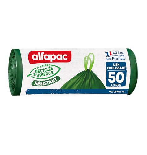 alfapac -10 sacs-poubelle 50L à lien coulissant résistant - fabriqués en France - bi-matière recyclée & végétale