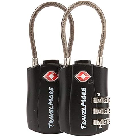 2 Pack TSA Approved Travel Combination Cable Luggage Locks for Suitcases & Backpacks - Black Cover