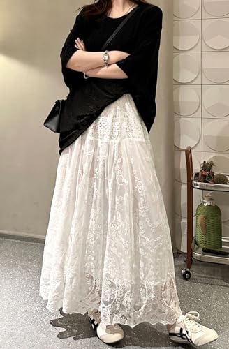CHARTOU Women Embroidered Long Lace Maxi Skirt Sheer Tull Layered Skirt Crochet Mesh A Line Skirt Cotton Elastic Waist3