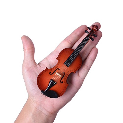 eronde Mini Handheld Violin Toy Miniature Musical Instruments Collection Wooden Decorative Ornaments/Gift with Stand Support and Case