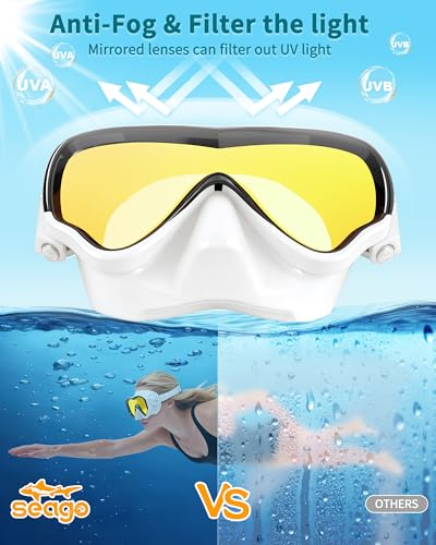 Image of Seago Adult Swim Goggles Mask Mirrored Tempered Lens, Anti UV /Fog No Blurring Clear Wide View with Nose Cover for Men Women