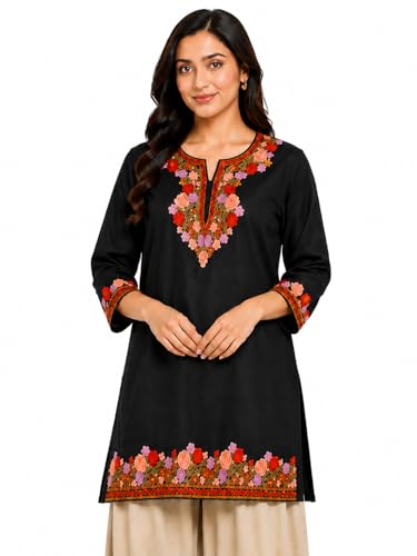 Image of HAUTEMODA Women Cotton Floral Embroidered Short Kurti, Tunic, Three-Fourth Sleeves, White