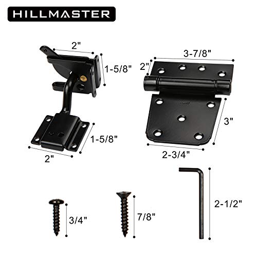 Hillmaster Heavy Duty Gate Latch Kit For Wooden Vinyl Fence, 1 Pack Self-Locking Gate Latch And 2 Pack 3.5” Spring Tee Hinges, Gate Fence Hardware Set, Black Finish #TOP2