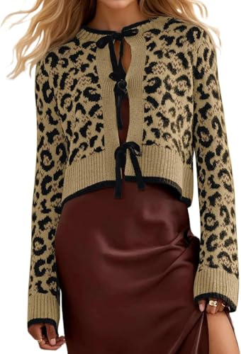 Image of Womens Loose Fit Leopard Print Cardigan Sweater Casual Long Sleeve Crewneck Tie Front Open Front Sweater Tops Apricot