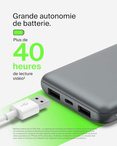 Belkin Batterie Externe 10000mAh, Chargeur Externe, 1 Port USB-C et 2 Ports USB-A, jusqu'à 15 W, câble USB-A vers USB-C, Batterie Portable, Power Bank pour iPhone, Galaxy, Pixel, iPad- Gris sidéral