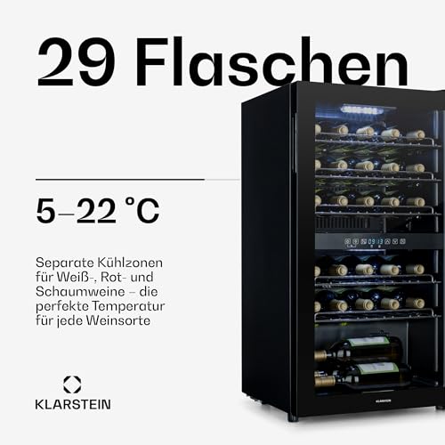 Klarstein Weinkühlschrank, 2 Zonen Getränkekühlschrank Klein, Freistehender Kleiner Weinschrank 80L, Wein-Kühlschrank mit Glastür, Indoor/Outdoor Flaschenkühlschrank, Wine Fridge 29 Flaschen