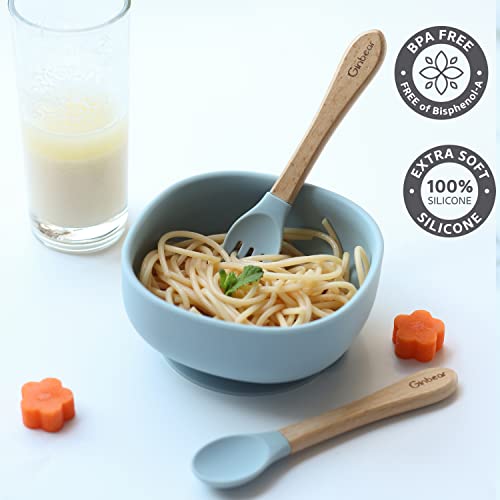 Ginbear Suction Bowls For Baby Boy, Baby Led Weaning Spoon And Fork, Baby Dishes And Utensils Set For Toddlers, Silicone Baby Feeding Set 6-12 Months (Dusty Blue) #TOP1